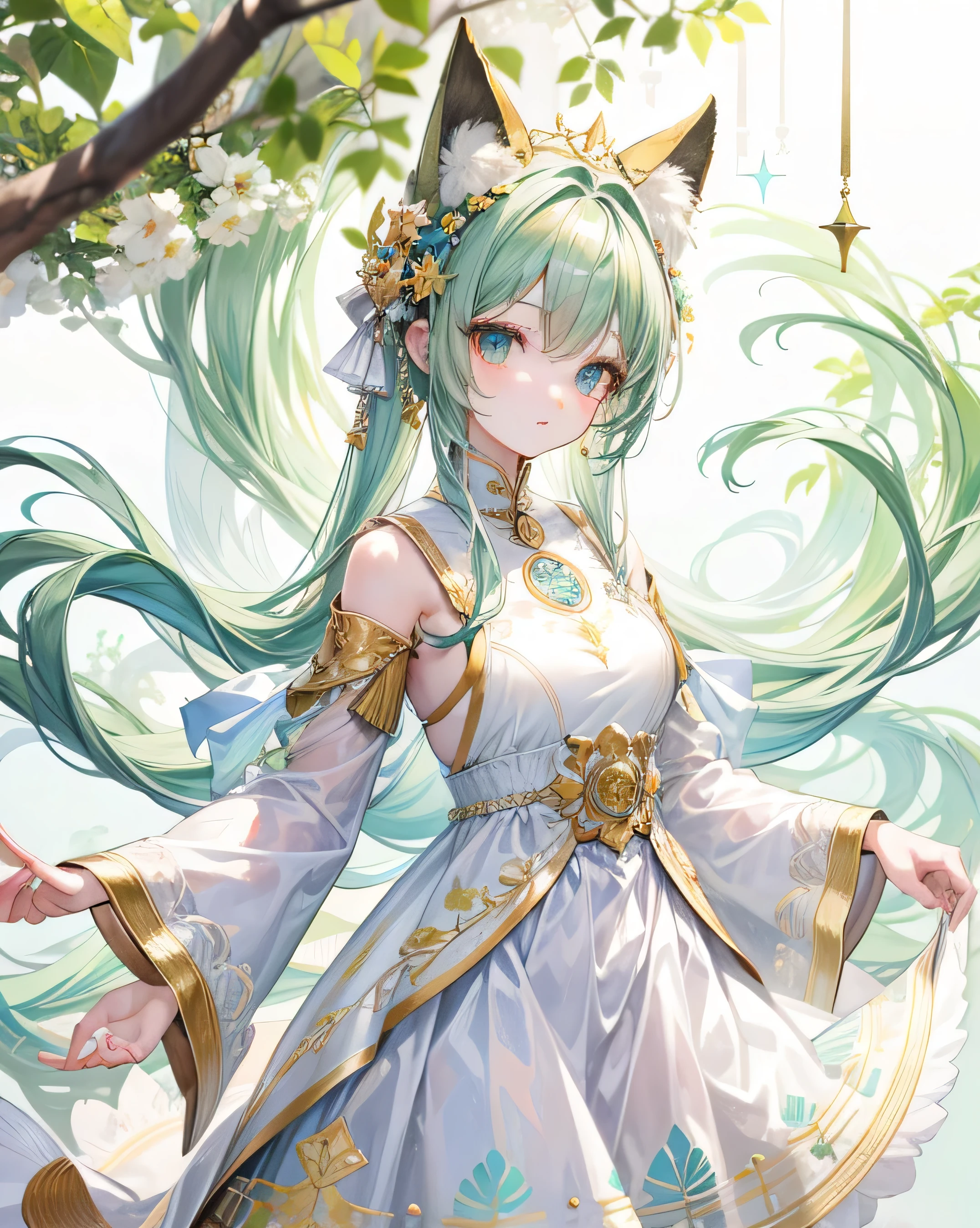 Green color, long white hair ,white,milky white clothes,High Resolution, masterpiece, anatomically correct, accurate, highest quality, Details, High details, high image quality model, quality, very detailed, Ultra High Definition, textured skin, woman,Gold thread embroidery with fine patterns