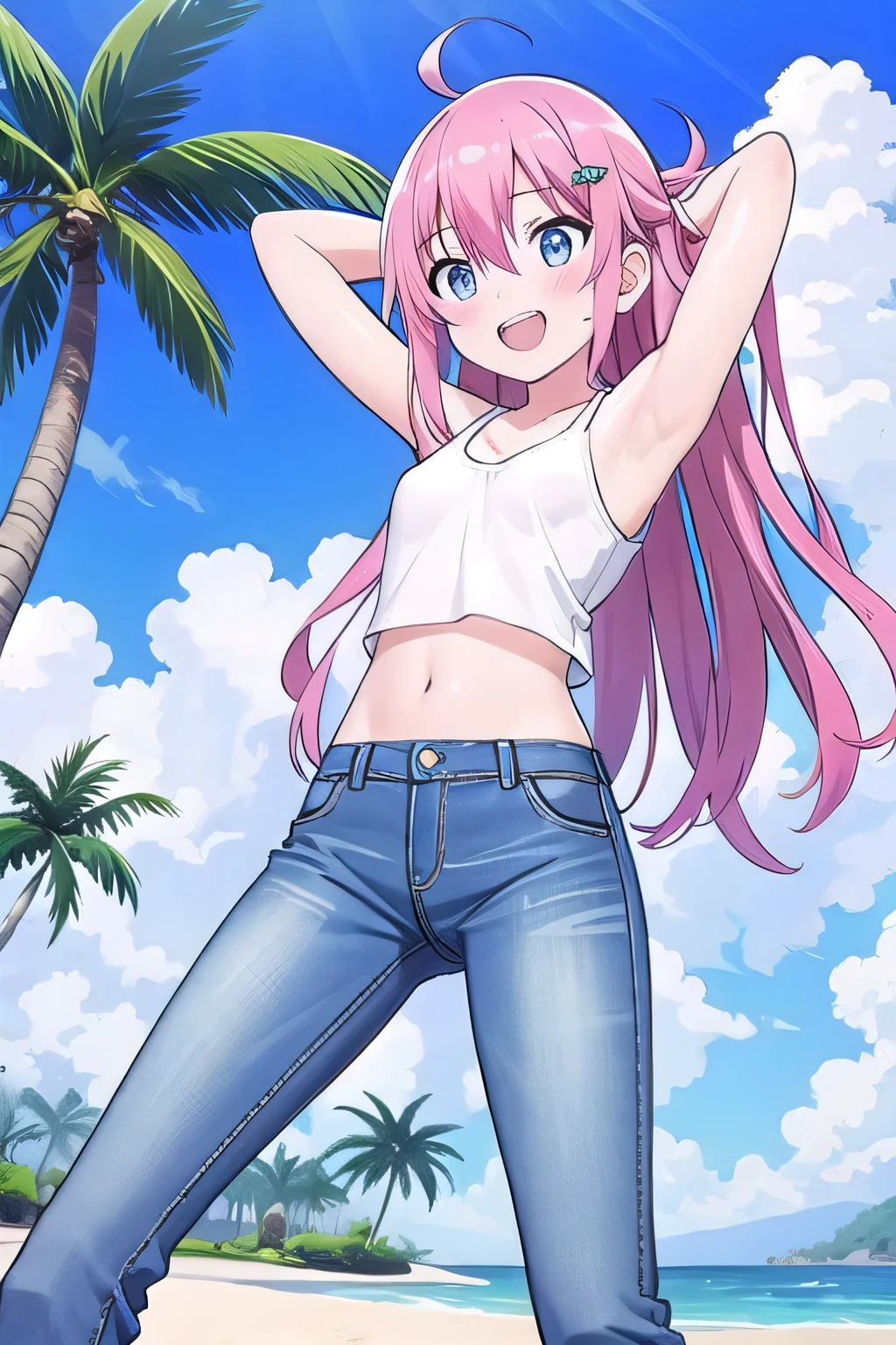 masterpiece,best quality,ultra detail, ((Perfect Face, Perfect Arms, Perfect hands, Perfect Fingers)), 1girl, , peti ((round face, ecstasy, orgasm face, drooping eyes, shame smiling, blush)), dropping eyes, sleepy, Open mouth, ((White teeth)), background((under the beach, (day:1.2), palm tree, bright sky)), miku hatsune, ahoge, aqua eyes, (pink hair:1.4), crossed bangs, hair between eyes, hair ornament, (long hair:1.4), (messy hair:1.7), ((arms behind head, hands behind head, fingers behind head)), ((contrapposto)), spread armpits, looking at viewer,, (white tank top:1.2), (white crop top:1.2), (jeans pants:1.2, flares jeans:1.2, skinny jeans:1.2, blue jeans:1.2), standing, (legs spread:1.4), sex pose, Sweaty crotch, Steam from the crotch, from below, whole body