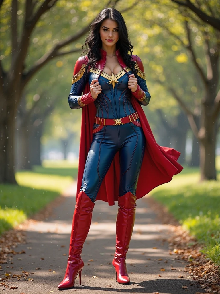 khamala, dark skin, brown eyes, dark brown hair,lips,blue domino mask, red scarf, red bodysuit, gold trim,blue footwear, looking at viewer, smiling, standing, hands on hips, outside, park, field, autumn, autumn leafs, blue sky, extreme detail, masterpiece, <lora:Khamalakhan:.7>