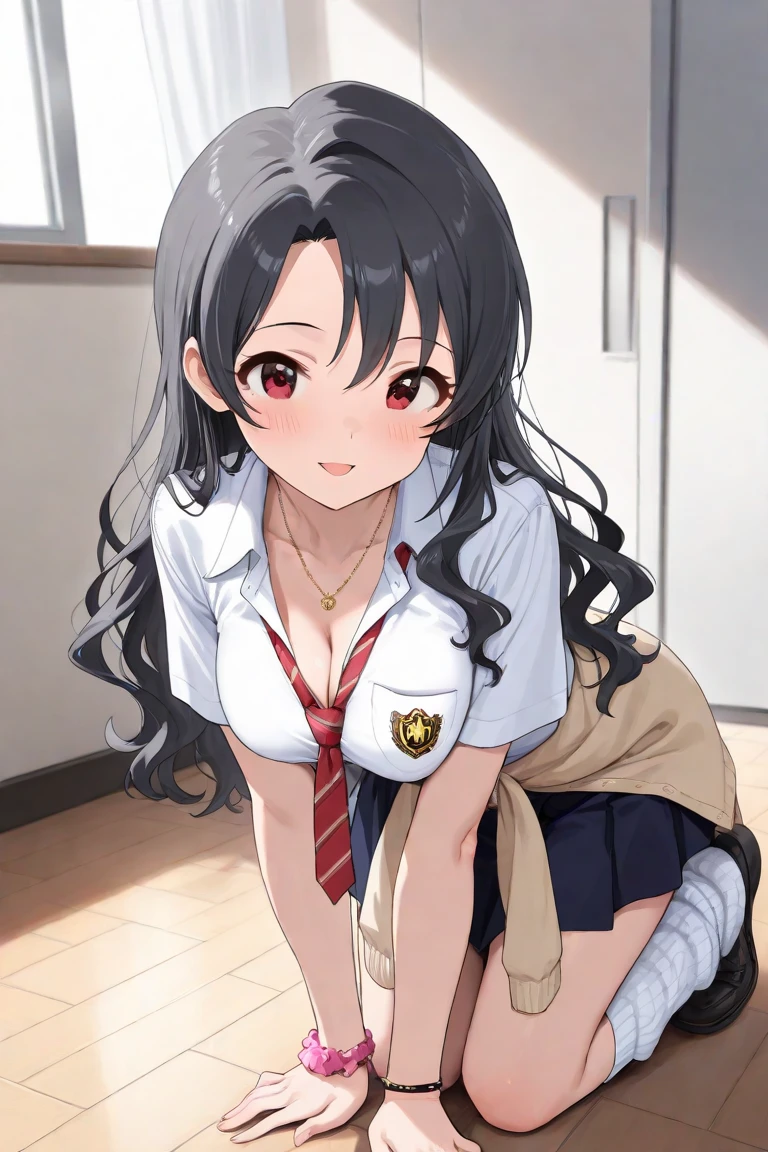 (masterpiece、highest quality、High resolution、realistic pictures、real looking skin:1.1)、1 Japanese girl、alone、whole bodyエスビアン、beautiful eyes、shining eyes、brown hair、Entrance to the house、(Long collar shirt、Navy pleated mini skirt、cardigan、blazer、loose socks、black loafers、F cup :1.1)、(lift one&#39;my own skirt:1.5)、(pantiesightly exposed:1.5)、(Are standing:1.5)、(simple whints:1.5)、(A provocative grin:1.5)、(high twin tail:1.5), (whole body:1.5), NSFW