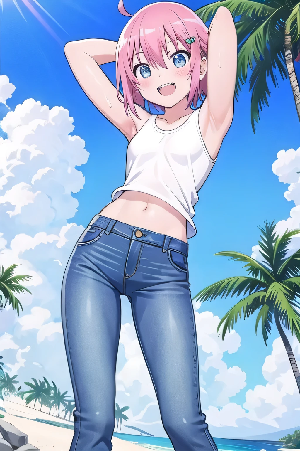masterpiece,best quality,ultra detail, ((Perfect Face, Perfect Arms, Perfect hands, Perfect Fingers)), 1girl, , peti ((round face, ecstasy, orgasm face, drooping eyes, shame smiling, blush)), dropping eyes, sleepy, Open mouth, ((White teeth)), background((under the beach, (day:1.2), palm tree, bright sky)), miku hatsune, ahoge, aqua eyes, (pink hair:1.4), crossed bangs, hair between eyes, hair ornament, (short hair:1.4), ((arms behind head, hands behind head, fingers behind head)), ((contrapposto)), spread armpits, looking at viewer,, (white tank top:1.2), (white crop top:1.2), (jeans pants:1.2, flares jeans:1.2, skinny jeans:1.2, blue jeans:1.2), standing, (legs spread:1.4), sex pose, Sweaty crotch, Steam from the crotch, from below, whole body
