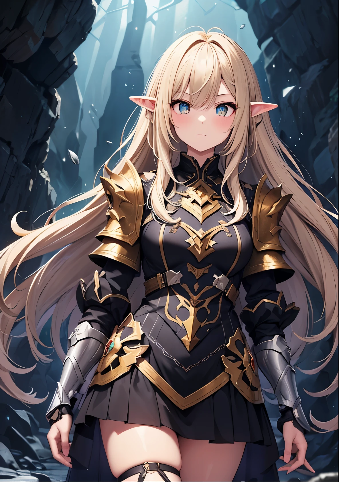 amber eyes、A brave elven warrior with long golden hair cautiously makes her way through the pitch-black depths of a mysterious cave. Her sharp eyes scan the darkness as she carefully steps forward, one hand feeling along the rough stone walls. She wears intricate armor adorned with ancient runes, a sword strapped to her back. The only light comes from faintly glowing crystals embedded in the cave walls, casting eerie shadows around her. The atmosphere is tense, filled with the distant echoes of dripping water and unseen creatures lurking in the darkness.