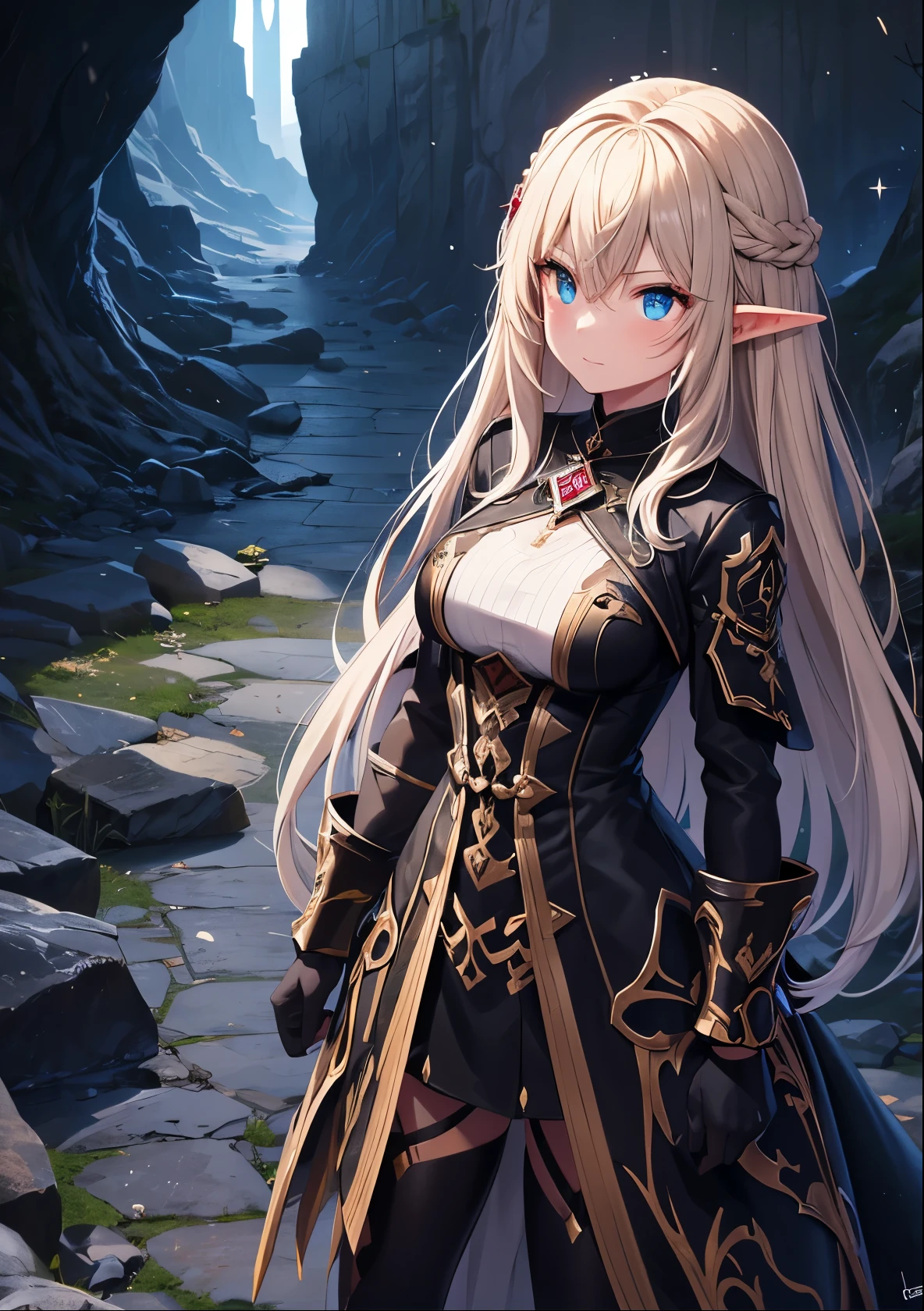 amber eyes、A brave elven warrior with long golden hair cautiously makes her way through the pitch-black depths of a mysterious cave. Her sharp eyes scan the darkness as she carefully steps forward, one hand feeling along the rough stone walls. She wears intricate armor adorned with ancient runes, a sword strapped to her back. The only light comes from faintly glowing crystals embedded in the cave walls, casting eerie shadows around her. The atmosphere is tense, filled with the distant echoes of dripping water and unseen creatures lurking in the darkness.
in a dark cave、x} A party of 3 people ready to fight against an unknown enemy。the brave leader、Hold up a shining sword、watch the enemy with a sharp gaze。stand quietly next to it、the brave leader、they are always ready to chant healing and defense magic。the three warriors stand on the front line、hold a huge shield、take a position to accept attacks with their whole body。The glowing crystal embedded in the cave wall vaguely illuminates the area、while an eerie shadow swings、the three warriors wait for the battle。