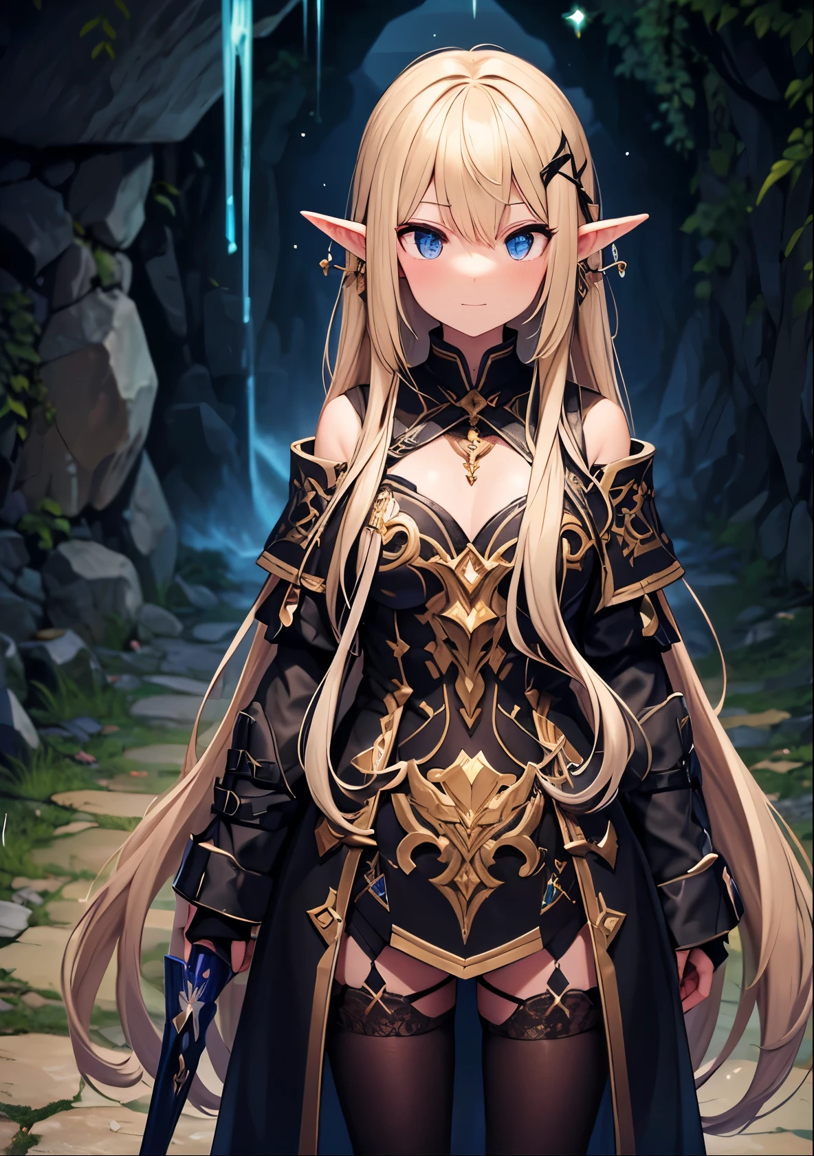 amber eyes、A brave elven warrior with long golden hair cautiously makes her way through the pitch-black depths of a mysterious cave. Her sharp eyes scan the darkness as she carefully steps forward, one hand feeling along the rough stone walls. She wears intricate armor adorned with ancient runes, a sword strapped to her back. The only light comes from faintly glowing crystals embedded in the cave walls, casting eerie shadows around her. The atmosphere is tense, filled with the distant echoes of dripping water and unseen creatures lurking in the darkness.
in a dark cave、x} A party of 3 people ready to fight against an unknown enemy。the brave leader、Hold up a shining sword、watch the enemy with a sharp gaze。stand quietly next to it、the brave leader、they are always ready to chant healing and defense magic。the three warriors stand on the front line、hold a huge shield、take a position to accept attacks with their whole body。The glowing crystal embedded in the cave wall vaguely illuminates the area、while an eerie shadow swings、the three warriors wait for the battle。
