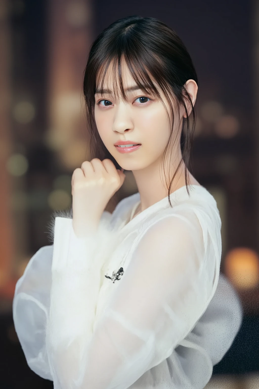 young woman who loves to explore the city at night. You are wearing a white fur coat that makes you feel elegant and warm. You find a street lamp that casts a soft glow on your face. You rest your chin on your hand and gaze at the falling snowflakes. You wonder what adventures await you in this magical winter night. Yellow lighting, snow