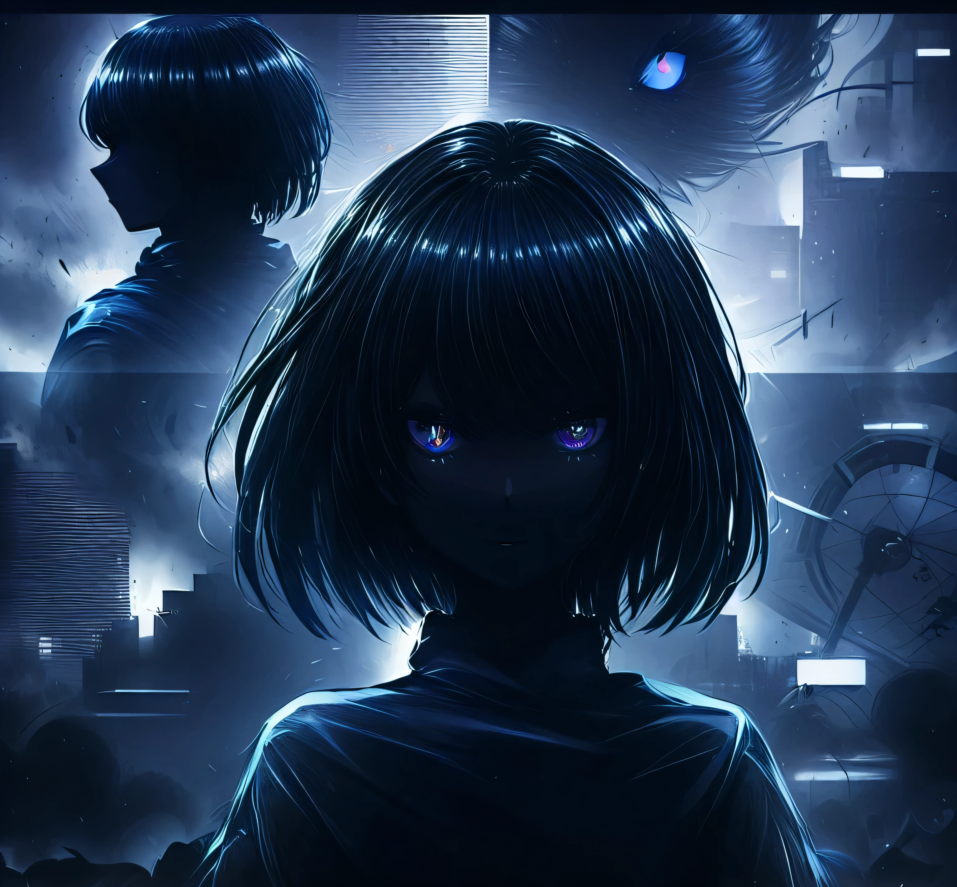 A beautiful silhouette of a girl with a beautiful background around her, standing without fear, panoramic view of a girl, (Eyes in the background)), viewer with perfect view :1,3), (zoom on the face :1,2), (focus on the face :1,3), behind her is an evil whirlwind filled with eyes, behind her is a silent and atmospheric background filled with particles, (vibrant color :1,4), (sharp focus :1,3 (dark theme :1,3)), long hair, black color variation, the girl blends into the background