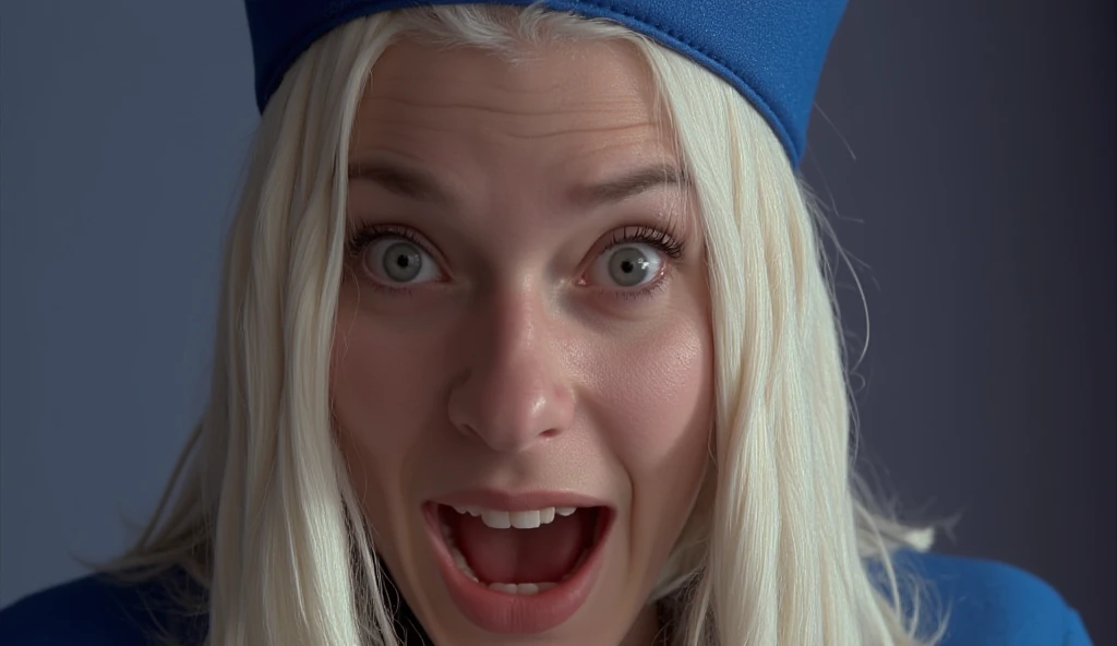In futuristic 2263 Air Hostess Flight attendant a woman with a blue hat and a white hair,1girl,solo,open mouth,simple background,white hair,teeth,lips,eyelashes,portrait,close-up,freckles,realistic , 23rd century, realistic, cinematic, film, movie, sci fi, science fiction, action film, The Fifth Element style, Le Cinquieme Element style, perfect horny expression, detailed, surprised eyes, strabismus squint eyes, epic, beautiful lighting, inpsiring