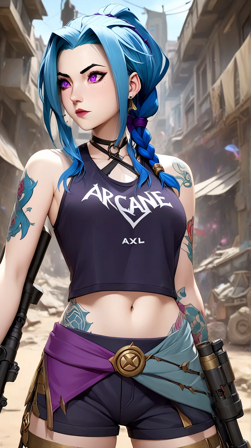 Jinx,Fleshy thighs,Poster publicity style,Ultra shorts,Simetall,C cup,Happy expression