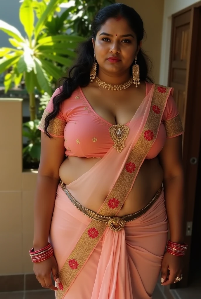 arafed woman in a pink sari, looks like Sandeepa Dhar, thick figure, curvy, traditional beauty, hindu aesthetic, assamese aesthetic, traditional makeup, indian goddess, indian girl with brown skin, wearing bihu dress mekhela sador, indian style, indian, gorgeous woman, south east asian with round face, a stunning portrait of a goddess, beautiful himalayan woman
