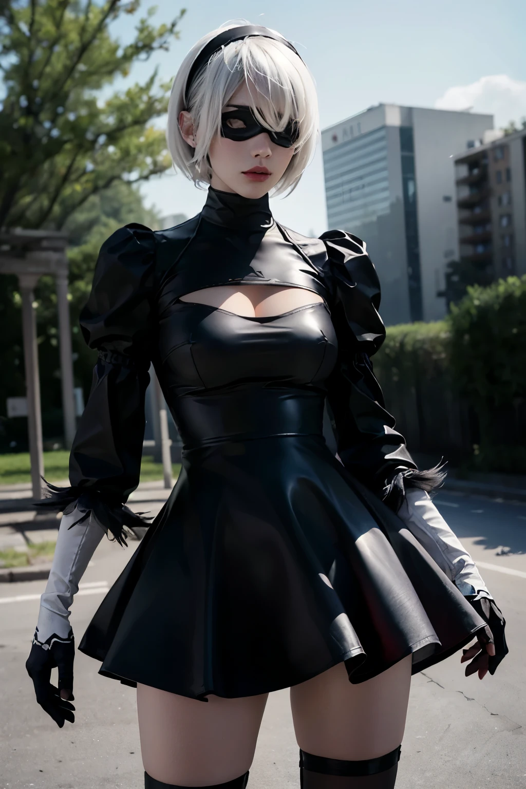 best quality, ultra high res, (photorealistic:1.4),cute,cityscape, night, professional lighting, photon mapping, radiosity, physically-based rendering,((yorha no. 2 type b, nier (series), nier automata)),((1girl,solo)),(black blindfold:2),((medium breasts, cleavage, cleavage cutout, clothing cutout,big hips)),(hair between eyes:1.3),(hairband:1.2),(turtleneck short Black leather dress:1.6),(red lips:1.2),(short hair:1.4),(white hair:1.4),(full shot:1.3), (hidden eyes:1.5),(detailed face and eyes), (detailed pupils:1.1),(photo of the most beautiful artwork in the world 18 years old pretty girl featuring soft lustrous),High Detail,detailed face,realistic lighting, cinematic light, 8k,cinematic lighting,((perfect body)), realistic, real shadow,younger,teenage,(beautiful and perfect face:1.3),(pale skin:1.3),(lustrous skin:1.3),smile,cute,FEMININE,cleavage,((lace trim)), ((white gloves)),full body,
