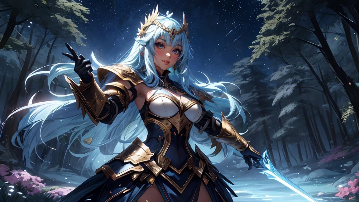 Girl with long silver hair and double braids,silver forehead protector,tights,Black Armor,cleavage,Iron skirt,thigh,Great sword,starry night,moon