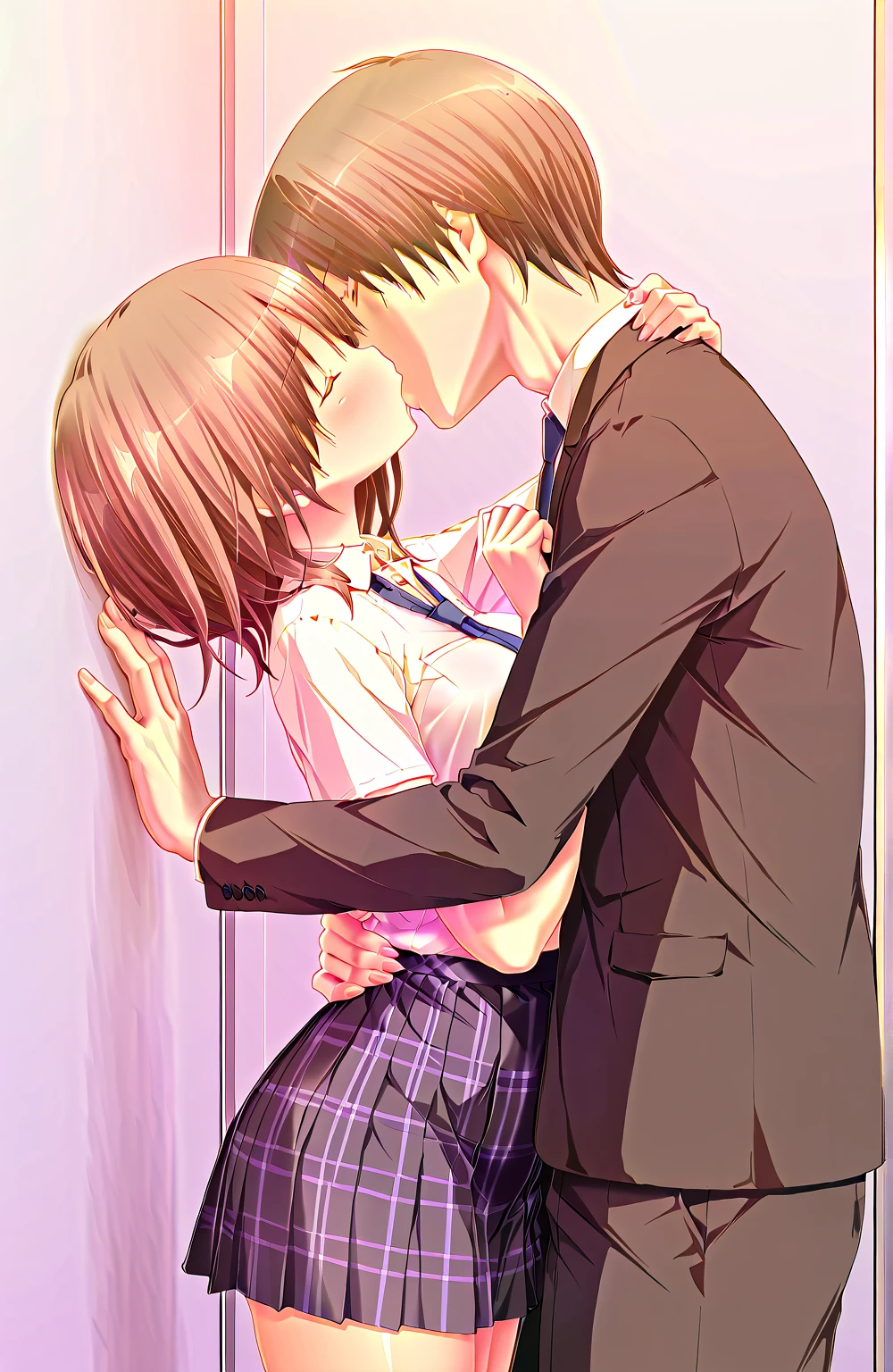 bottom: Midnight Express Station , (premium, the best quality), (1 Adult males , kiss), Left hand touch to the wall , heterosexual, 1 woman, Hug, medium breasts,from side, cowboy shot, BREAK, Girl with, in a business suit , (black suit:1.1), White collar shirt, blue tie, plaid skirt , medium brown hair, Brown hair with dyed interior,split color:1.25),eyes closed, (dreamer, Melted look :1.3).