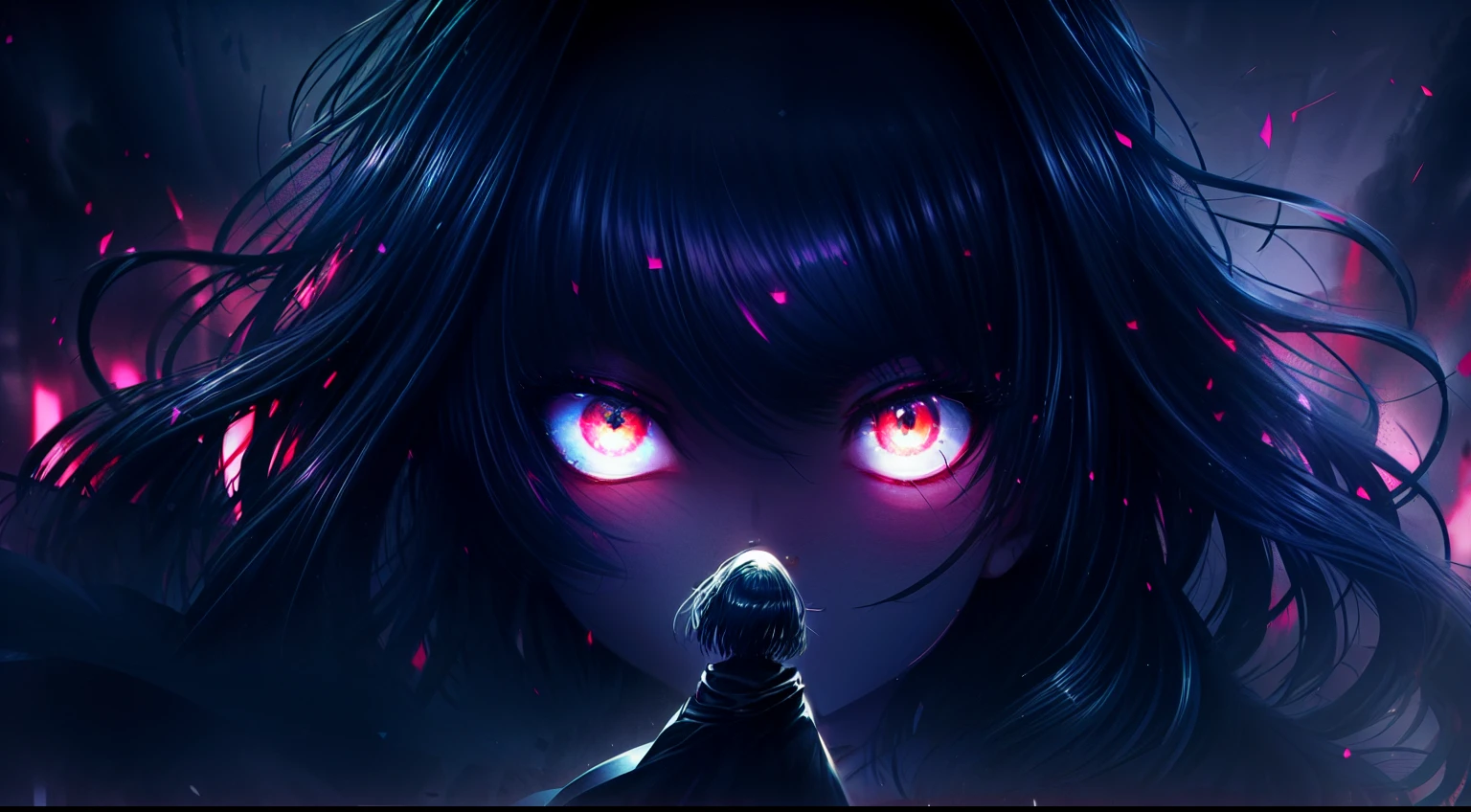 A beautiful silhouette of a girl with a beautiful background around her, standing without fear, panoramic view of a girl, (Eyes in the background)), viewer with perfect view :1,3), (zoom on the face :1,2), (focus on the face :1,3), behind her is an evil whirlwind filled with eyes, behind her is a silent and atmospheric background filled with particles, (vibrant color :1,4), (sharp focus :1,3 (dark theme :1,3)), long hair, black color variation, the girl blends into the background