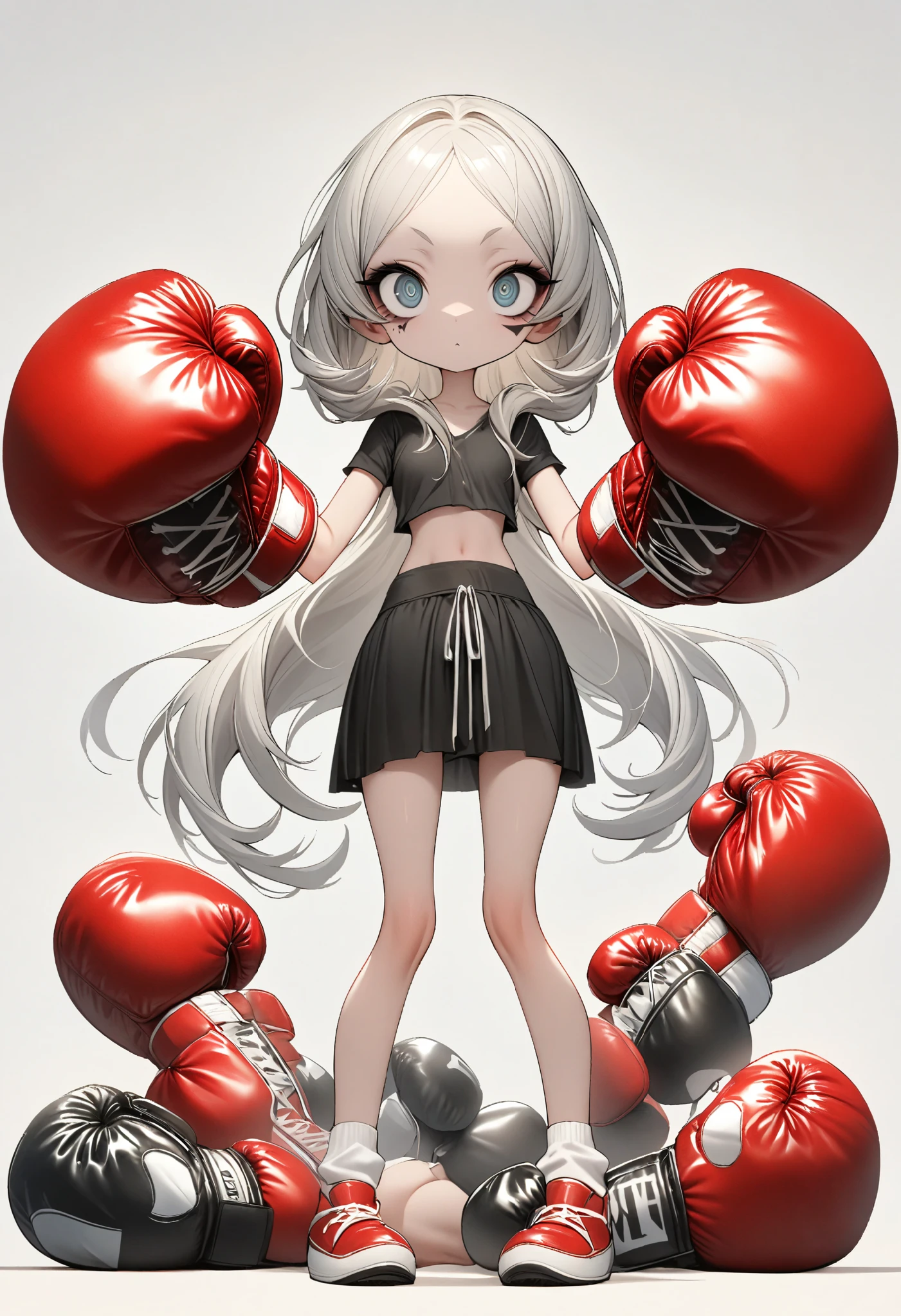 1 girl, is unique,Big eyes,, exquisite facial lines , dark eyeshadow ,set,Silver hair, thin waist, Extra Long Legs ,stand,Stand upright,socks,Shoes,boxing gloves, white background