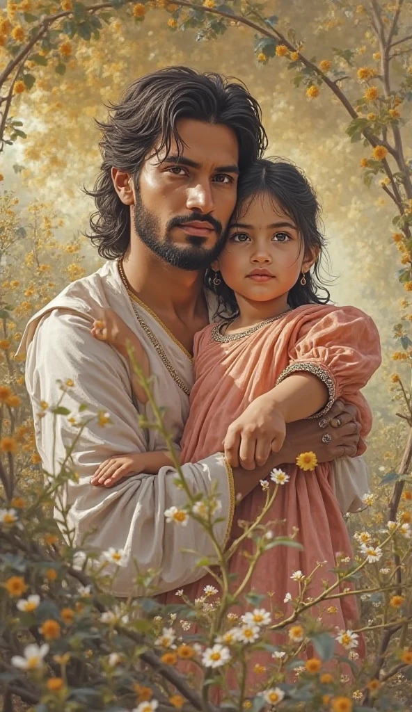 Personagem de desenho animado homem alto com olhos cabelos e barba castanho, usando camisa social branca e bermudasegurando sua filha no colo com 2 anos de idade