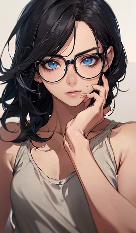 (best quality,4k,8k,highres,masterpiece:1.2),ultra-detailed,(realistic,photorealistic,photo-realistic:1.37), 1girl,rounded glasses,big glasses,beautiful detailed eyes, deep v cleavage, beautiful detailed lips,extremely detailed eyes and face,smiling,looking at the camera,short messy hair,dark-skinned, rounded eyes,cyan blue shirt,black shorts,close up,magazine shot,dynamic pose,studio lighting,vivid colors,portraits