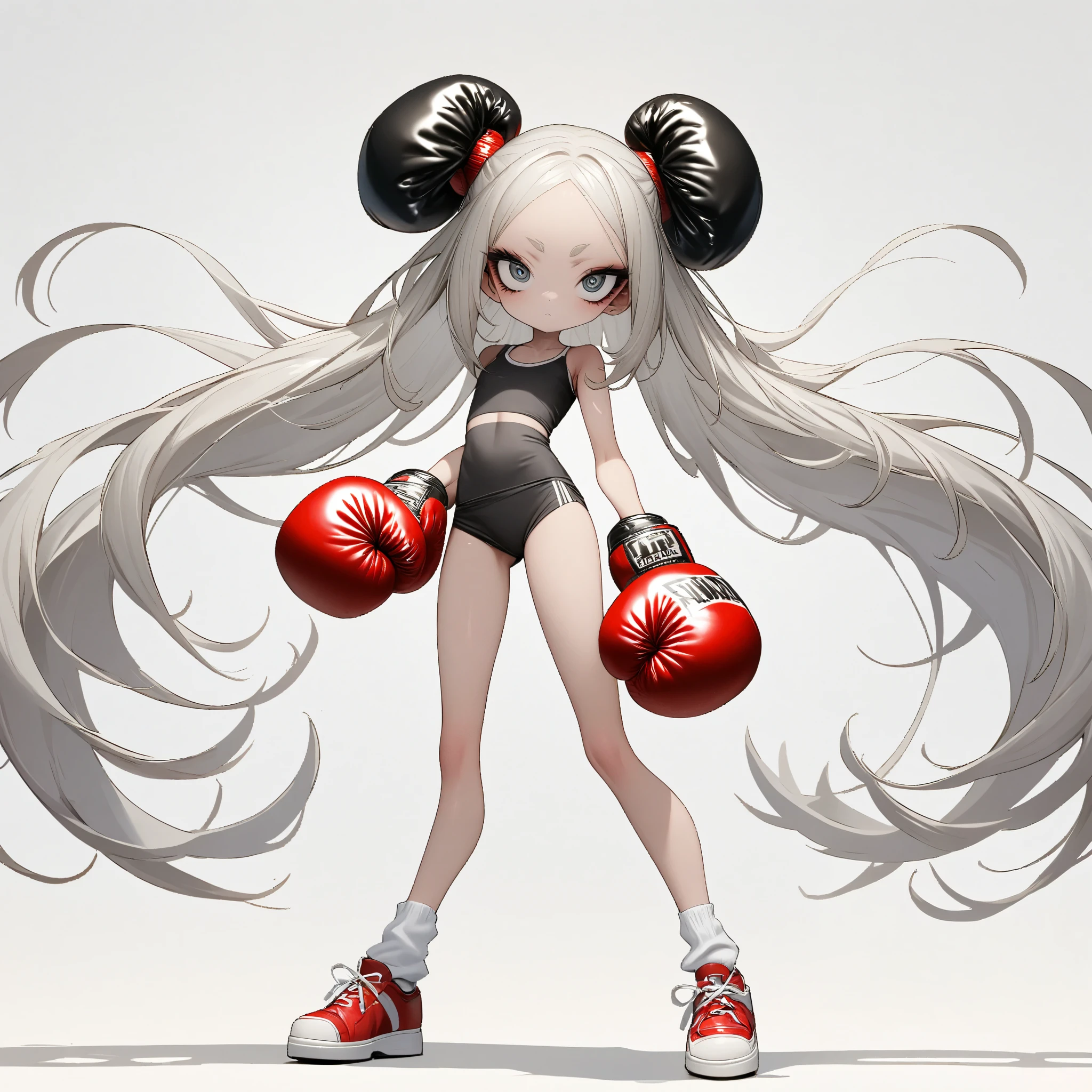 1 girl, is unique,Big eyes,, exquisite facial lines , dark eyeshadow ,set,Silver hair, thin waist, Extra Long Legs ,stand,Stand upright,socks,Shoes,boxing gloves, white background
