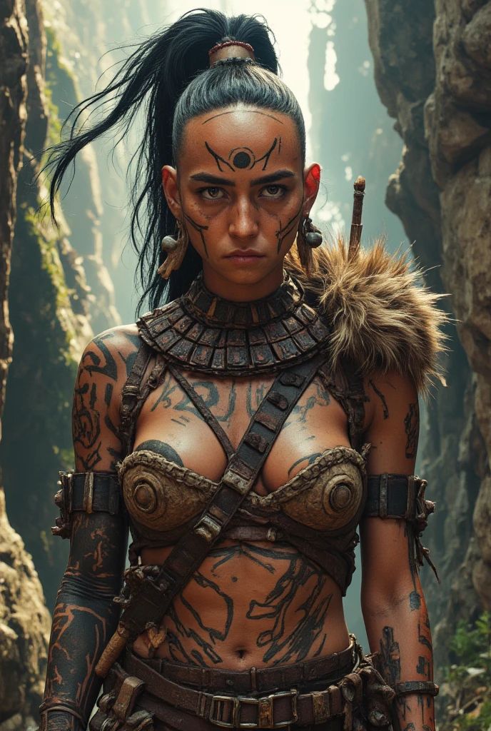 Whole body de (Ohwx Woman) on hell blade: Senua's sacrifice, coming out of the orange mud, long hair with dreadlocks, war blue paint, fading paint, angry expression, dirty face, finely detailed eyes, viking clothing, Whole body. with big breasts. big boobs, huge breasts. huge tits, giant tits. .epic scene, epic composition, Photography, cinematic lighting, volumetric lighting, ethereal light, intricate details, extremely detailed volumetric rays.