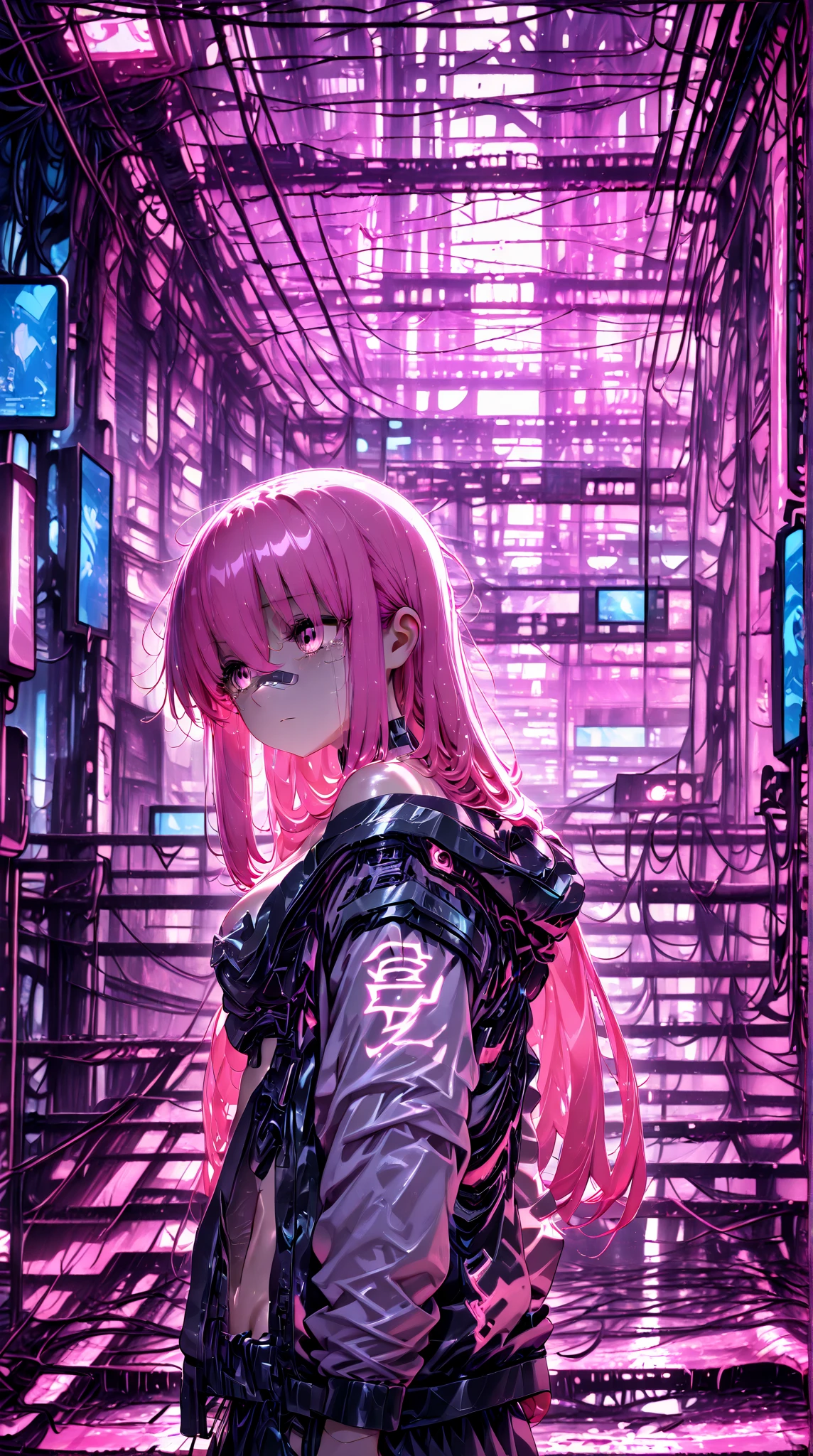 1 tall cyborg woman. Axolotl themed colors. Axolotl frills. Pink hair. blue eyes. Tall. Cybernetic limbs. Normal human torso and head. Looking down in at her own body. 