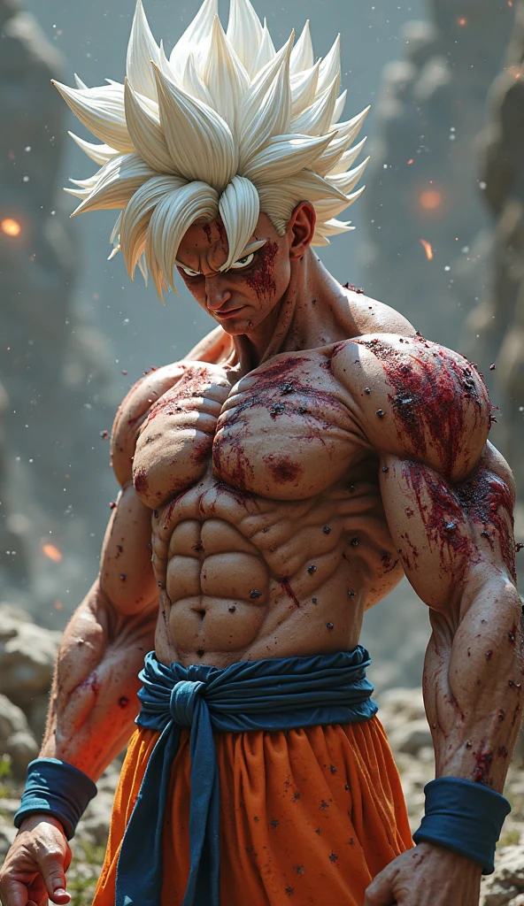 masterpiece, (photorealistic:1.5), best quality, beautiful lighting, real life, songoku, 1boy, artist name, biceps, blonde hair, blood, blood from mouth, blue sash, blue wristband, clenched hands, closed mouth, collarbone, dougi, electricity, energy, floating rock, frown, green eyes, looking at viewer, male focus, muscular, muscular male, pectorals, ribs, rock, sash, scratches, serious, solo, spiked hair, super saiyan, super saiyan 1, topless male, torn clothes, v-shaped eyebrows, wristband, ((masterpiece))