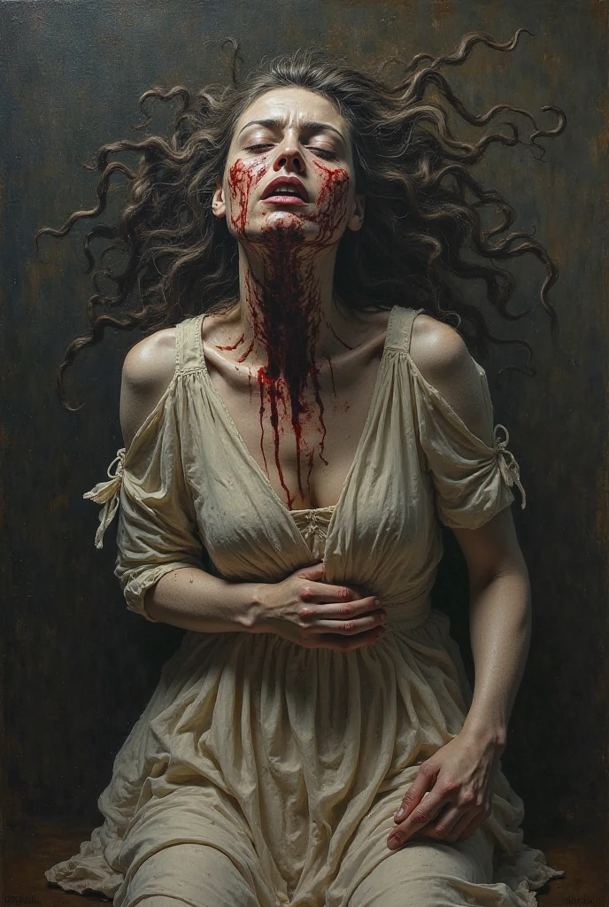 a red-haired girl with long straight hair, blue eyes crucified and beaten