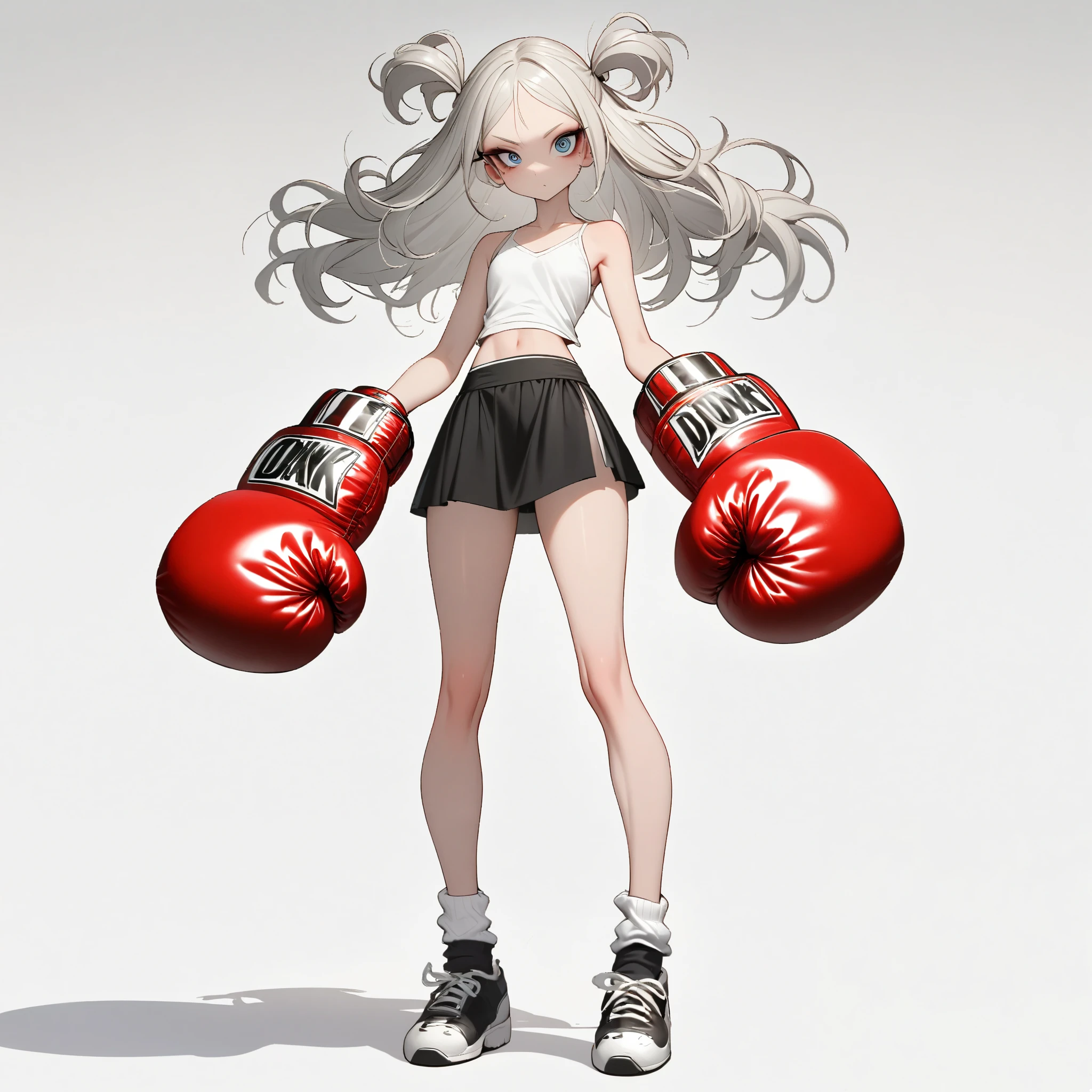 1 girl, is unique,Big eyes,, exquisite facial lines , dark eyeshadow ,set,Silver hair, thin waist, Extra Long Legs ,stand,Stand upright,socks,Shoes,boxing gloves, white background