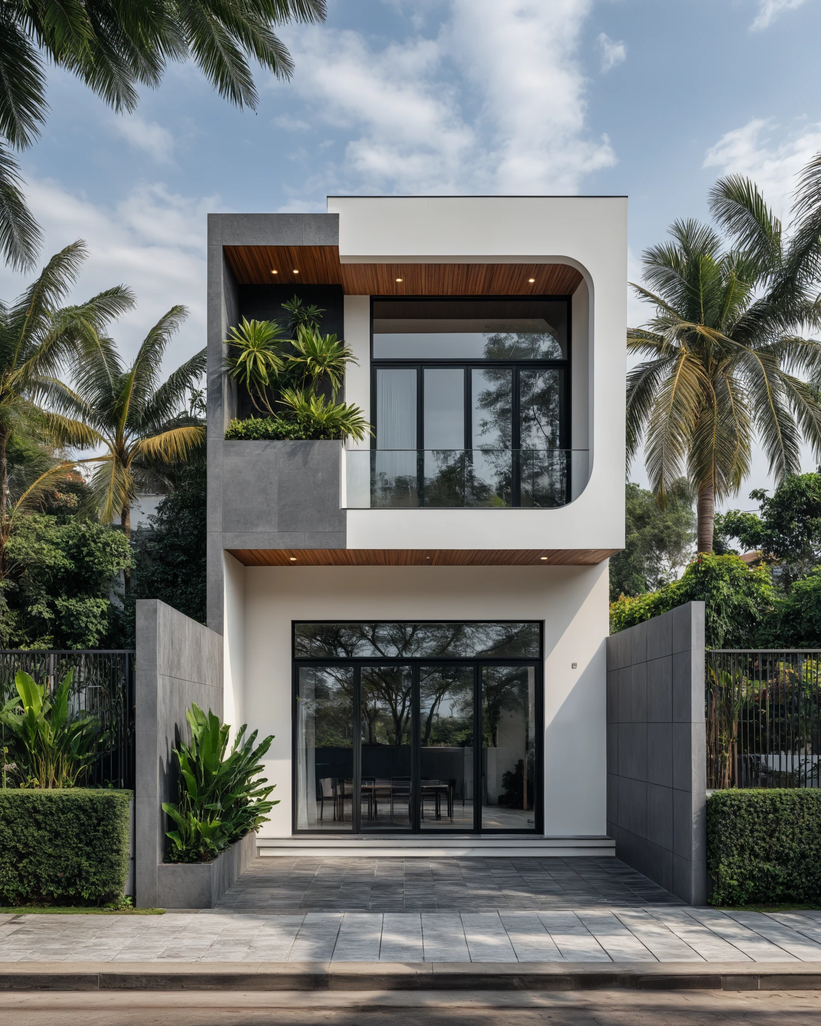 (masterpiece:1.2), best quality, photo of A two-story modern house with white walls and dark tiles on the roof, tree and plant, streetcapes, natural light, The exterior of an elegant single family home features large windows, a dark gray door frame.