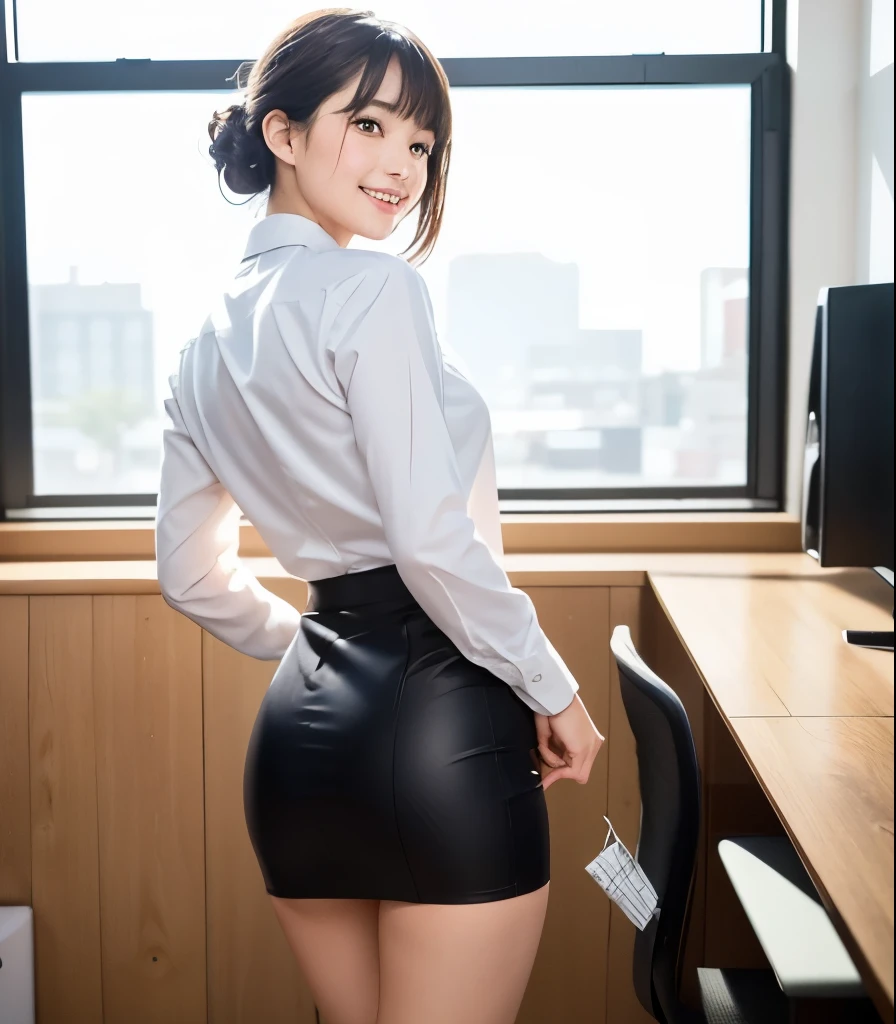 highest quality, ultra high resolution, nsfw, (realistic:1.4), 1 female, young,sensual, Brown_eye, Short hair, (Brownの髪:1), (huge breasts:1), school uniform, micro skirt, panties, sports warehouse, seductive smile, claw pose, from below, back focus