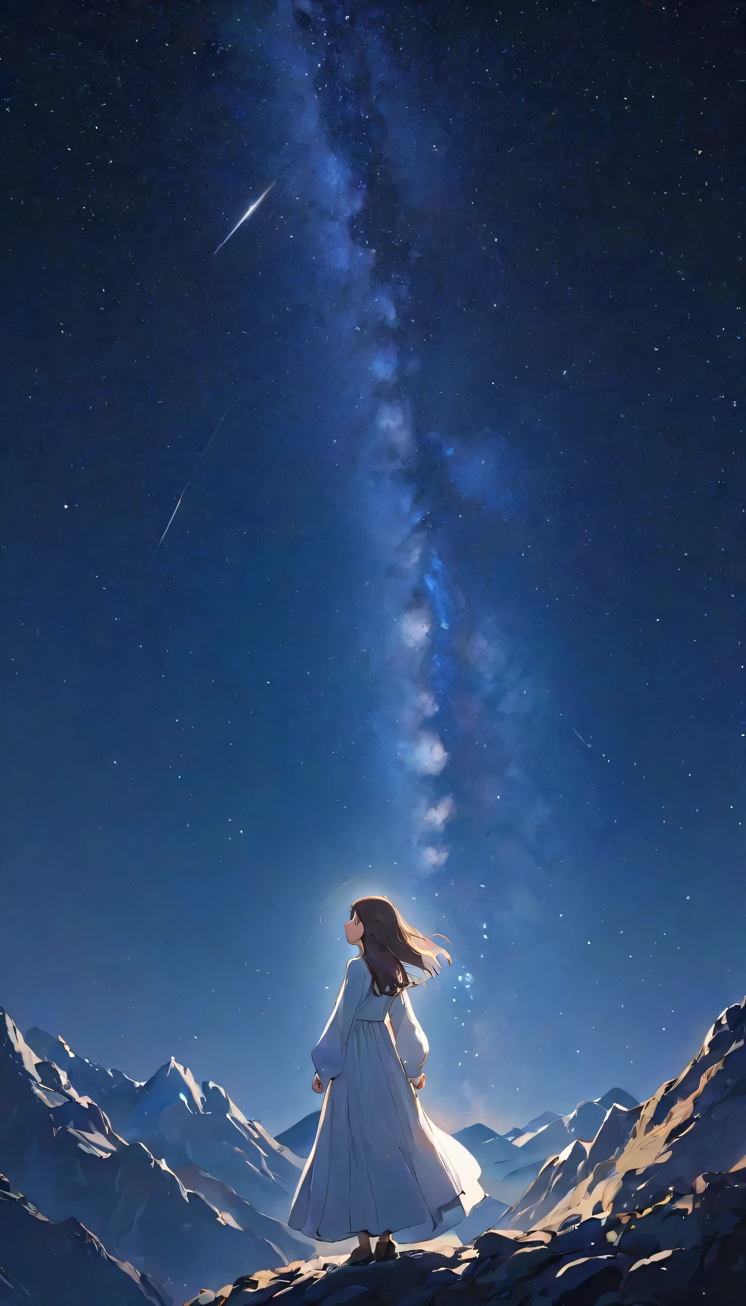 look up_Away、night、Respect:1.5、night空、milky way、Countless Stars々、one person's、8 heads、White dress with long sleeves、Box Dress、In the mountains、Dim lighting、Dark darkness