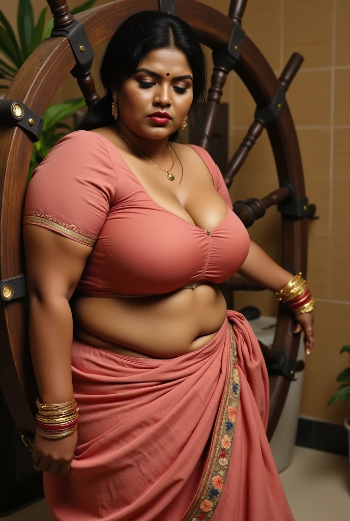  Indian woman wearing saree (blouse, petticoat), 20 years old, (((big tits1.8))),((Huge breasts 1.6)),(((Plump body 1.8))),  (bindi), (vermilion), An Indian beauty, charismatic, dark-skin, view the viewer, naughty smile, Indian slums