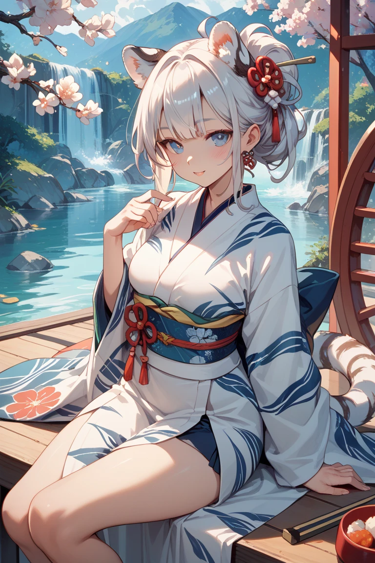(1girl, white hair, ponytail, long hair, blue eyes, ahoge, baby face, beautiful eyes, droopy eyes, fox ear), (no bangs, forehead, show forehead:1.5) , BREAK ,(small breast, beautiful breasts, rounded breasts, white clothes, japanese clothes, detached sleeves, hakama short skirt, red skirt, shrine maiden), BREAK, (outdoor, waterfall, moonriver, star night), BREAK , (looking at viewer, best quality, masterpiece, Highly detailed, very high resolution, 8k, detailed beautiful face, high resolution, highres, super fine illustration, professional lighting, nice hands, perfect hands, Professional)