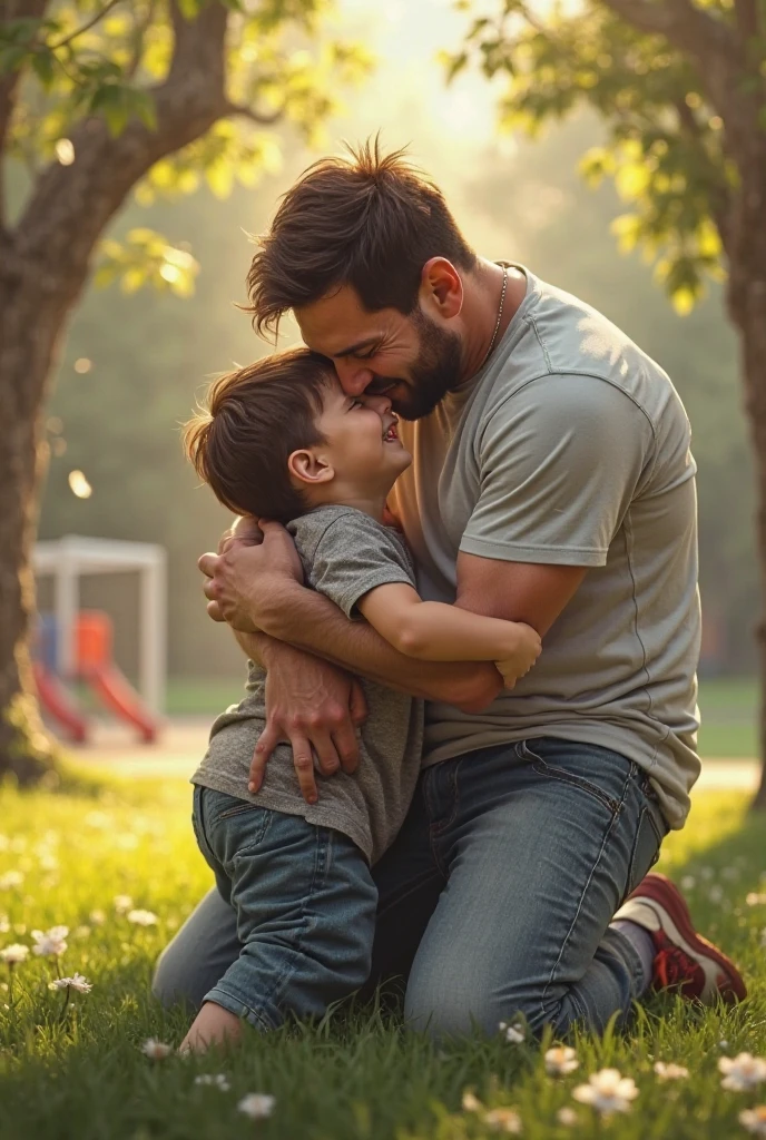 father has son hugging happily