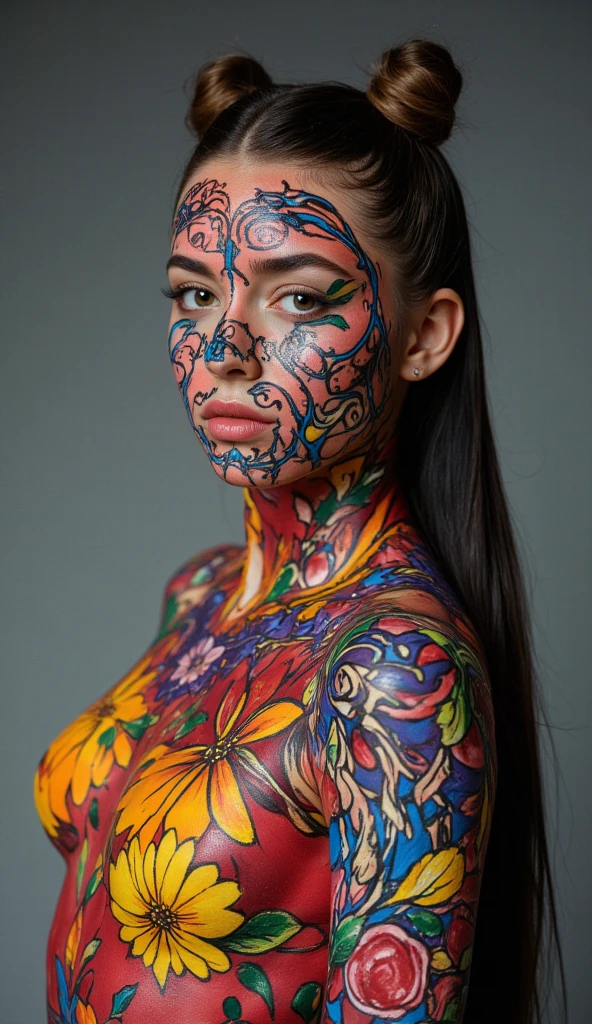 Nathalie Portmann, 25 ans, seductive look, sourire romantique, fine, brune, yeux verts, masterclass, 8K, UHD, HD, High quality, sexy, bodypainting, dans un atelier de peinture, tableaux, peinture partout sur le mur, motif de vague japonaise, topless, bodypainting, motif de tableau de la renaissance, impressionnisme, tableau renaissance peint sur le corps