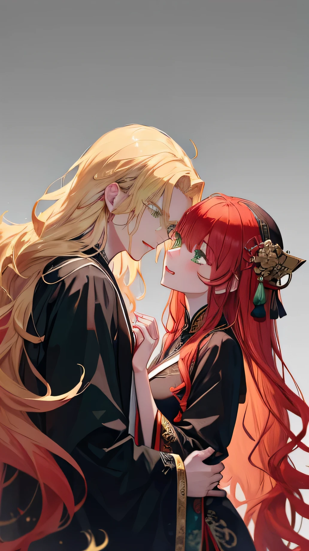couple、((Blond man with sharp gold eyes)), sharp pupils,He wears a black robe and 古代中国風のローブ,((Red-haired, long-wavy, green-eyed woman))、Intimate embrace
