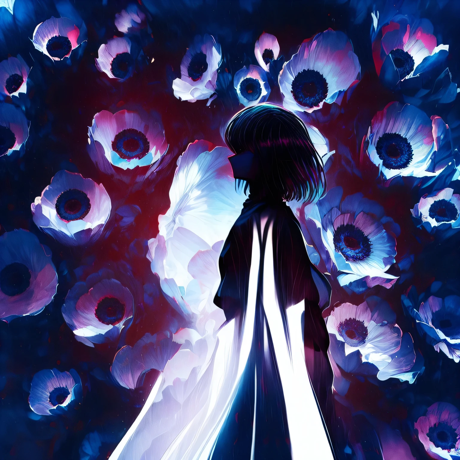 A beautiful silhouette of a girl with a beautiful background around her, standing without fear, panoramic view of a girl, (Eyes in the background)), viewer with perfect view :1,3), (zoom on the face :1,2), (focus on the face :1,3), behind her is an evil whirlwind filled with eyes, behind her is a silent and atmospheric background filled with particles, (vibrant color :1,4), (sharp focus :1,3 (dark theme :1,3)), long hair, black color variation, the girl blends into the background