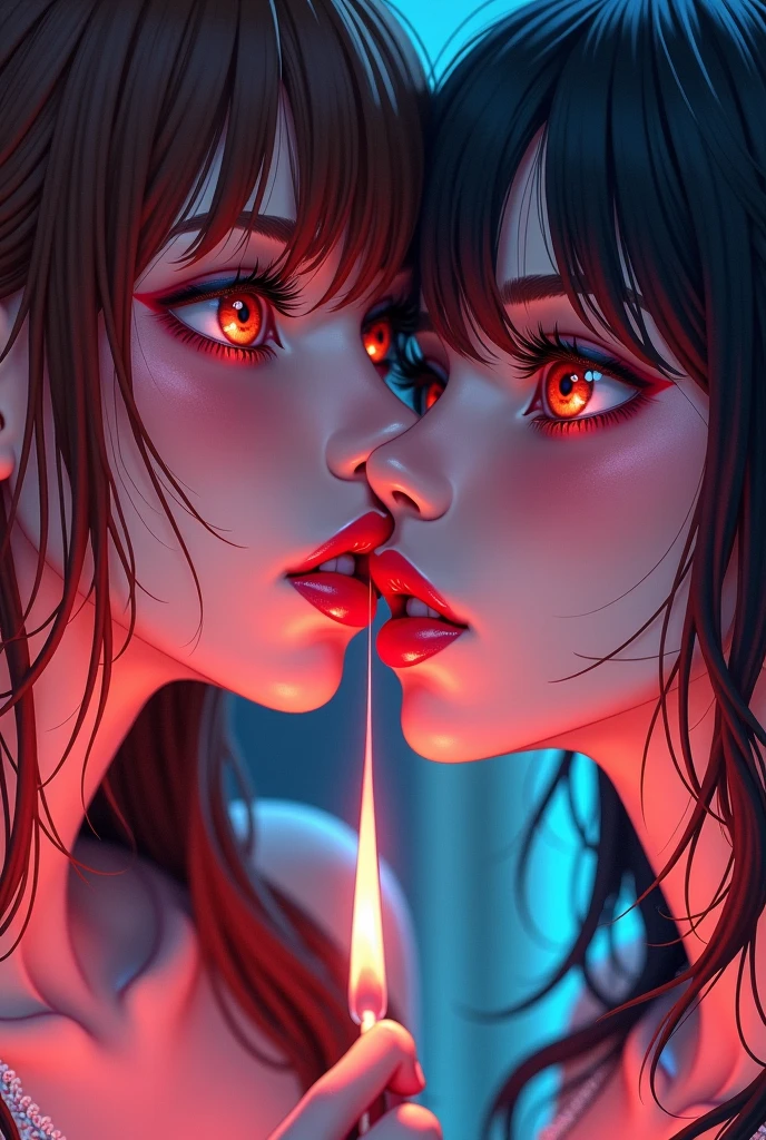 (((((Sensuality and Mystery: (two beautiful brunette and blonde women sweating, blue eyes and big breasts, full body, transparent clothes, view from the back, with a round ass, naked, They kiss passionately, kiss from tongue to tongue, they are lying on a big round bed, )(red silk bed slack)), ((blue neon nightclub lighting)), Nixeu and Sakimichan, Serafim Ahri KDA, lesbian kiss, inspired by Tim and Greg Hildebrandt, Nick Silva and Ilya Kuvshinov, inspired in Vincent Lefevre, Sakimichan and Frank Franzzeta, sensual 8K lighting), Post apocalyptic,), H. R. Giger style, Gothic Darkness, Infrared Unseen), High Contrast, Mystical), (depth), Hyperornate Details), Kinetic Lines and Curves, Devilcore, (1940s Propaganda Poster), Comic Book Superhero, (Medium shot), Scenery), Trending on artstation, Electromagnetic