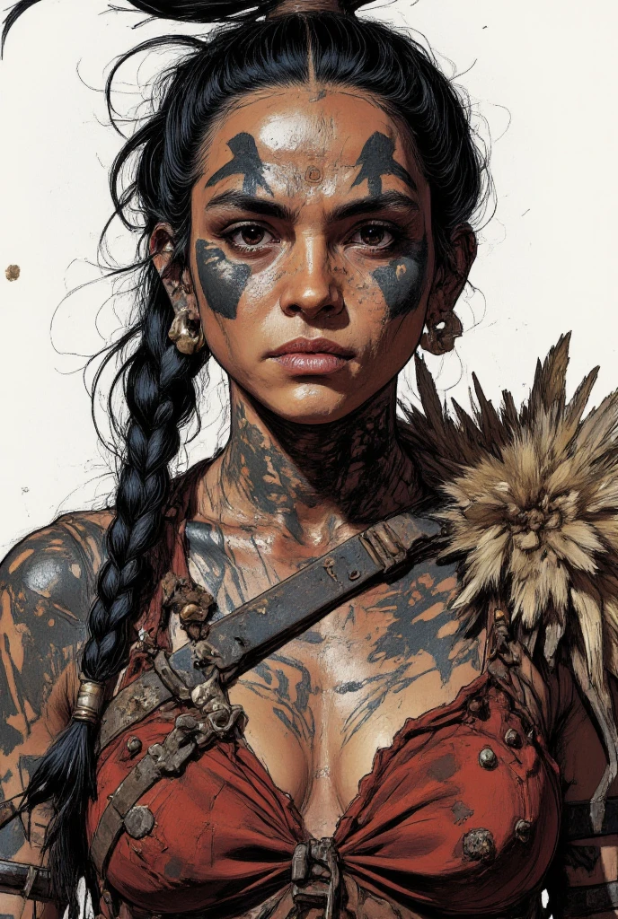 1girl, seductive pose, nipple slip, red lips, naughty smile, entire body, in a dark forest, highly detailed, long hair, black hair, dark-skinned female, earrings, bracelet, <lora:detailed_notrigger:1> <lora:tbh182-sdxl:1> style of Clyde Caldwell <lora:RPGBarbariansXL:1> barbarian, bracelet, punk, steel jewels