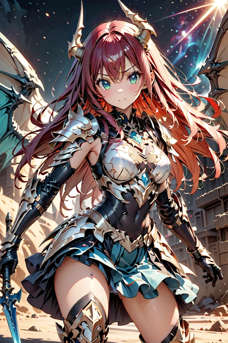 female valkyre prepared for battle, nordic look, viking, an extremally beautiful warrior valkyre, ultra feminine, long hair, red hair, braided hair, shiny golden knight armor, bright full plate armor, long boots, cleavage, medium breasts, big angel wings, white wings, wielding sword, brave and bold facial expression, flying high in the sky, wings spread, zoom out, 16k, RAW, ultra wide shot, photorealism, depth of field, hyper realistic. ray tracing