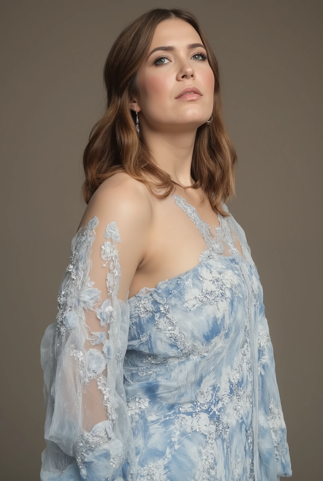 best quality, highres, 8k, masterpiece, photography, detailed midbody photorealistic portrait. Mandy Moore embodies a winter fairy tale in an ice blue chiffon babydoll with intricate silver embroidery, flowing sheer cape sleeves, and a high-slit skirt that drapes effortlessly. Her hair is styled in a soft, braided updo, adorned with crystal snowflake pins, and she accessorizes with silver strappy heels and dangling sapphire earrings. The setting is Neuschwanstein Castle, where she is standing by a grand arched window, gazing out at the snow-covered mountains as the morning light filters through the stained glass. 40 years old, (real skin texture: 1.3), (slender figure: 1.1), six-pack abs, (Immersive Ambience, Chiaroscuro: 1.5, Dim Light: 1.1, Neon Lighting), (Bokeh: 1.5), Blurred, high contrast, (Fuji colours: 1.5), film grain