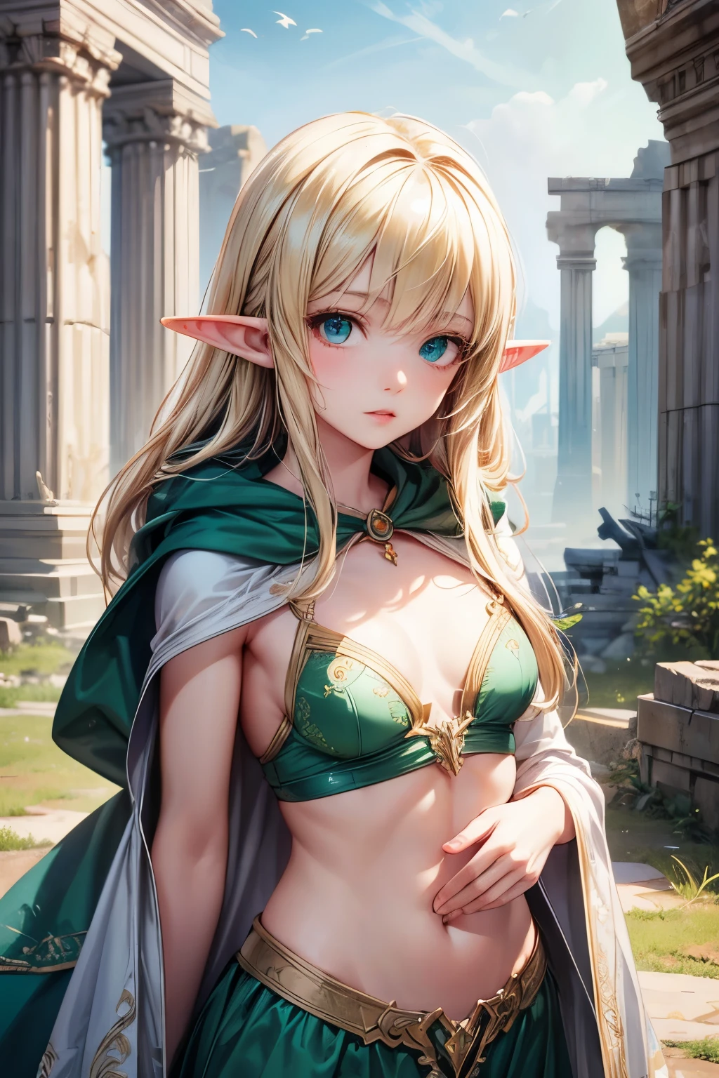 Super fine elf girl 20 years old. nffsw, 4K, 8K, Cinematic, High leg that shows off your bare skin, Very big, fantasy castle bedroom,