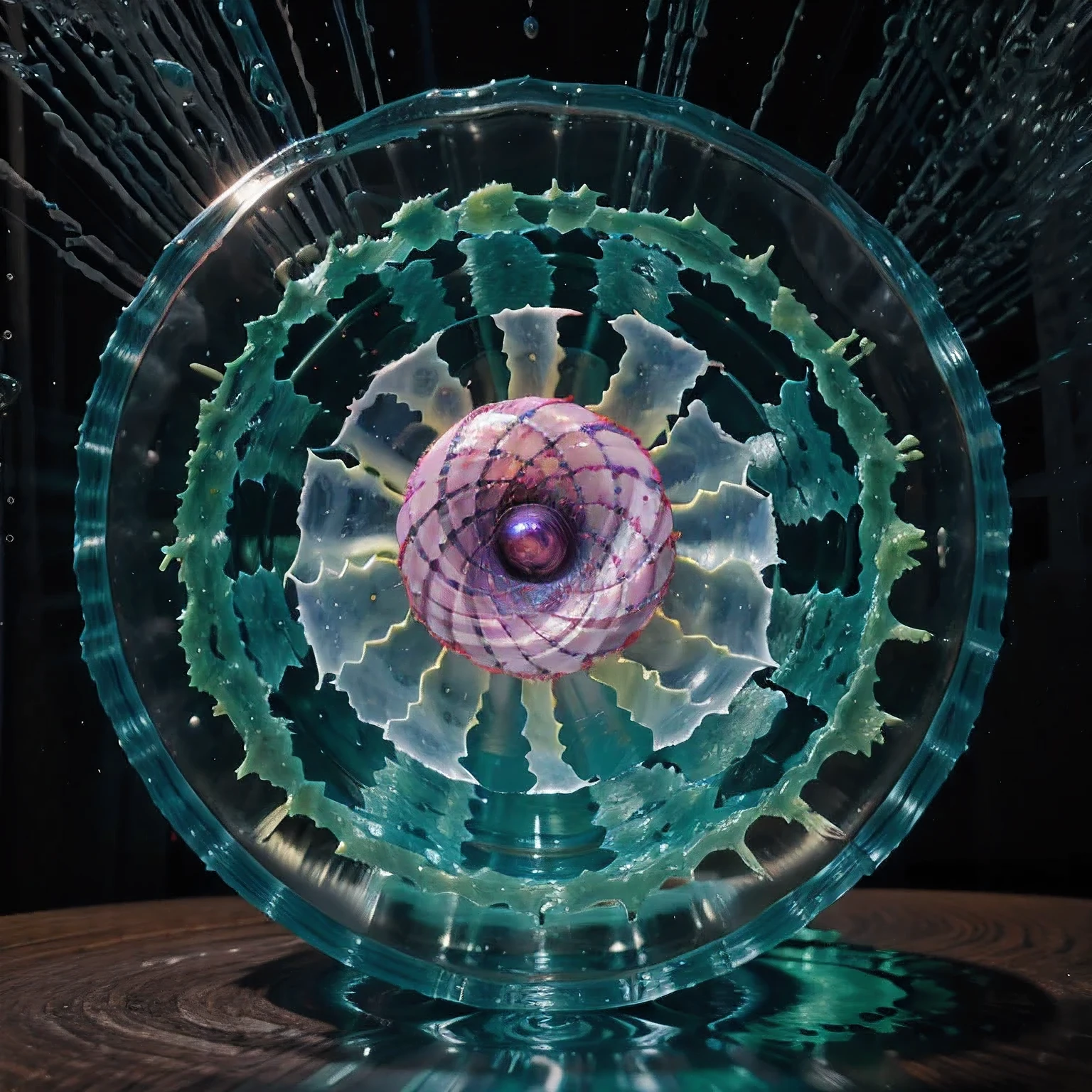Seabed ice sheet background,detailed armor, ornate headdress, samurai helmet(((Dynamic rotating concentric circles)))(Dynamic rotation of concentric circles)Mandala is the result of the long journey of creating concentric circles of liquid color, there is a glass bowl with a green and purple swirl inside, simulacrum of a space fungus, alien flower, distant nebula are glowing algae, inspired by Otto Piene, inspired by Earnst Haeckel, top down extraterrestial view, covered with ferrofluid. dslr, translucent algae ornate, the eye of the universe, anatomical fractal,which interact through transparency, refraction, reflection, and collision. The ultimate goal is to showcase unique, detailed, and aesthetically pleasing images that capture the audience's attention through their initial visual impact and stunning details in liquid interactions,there is a cake with a red and yellow center on a blue plate, inspired by Otto Piene, victor antonov, culinary art photography, inspired by Graham Sutherland, colorful ferrofluid armor, inspired by Anish Kapoor, alexandra fomina, david kassan, by Jan Rustem, rudolf is hired, sergey krasovskiy, kai vermehr