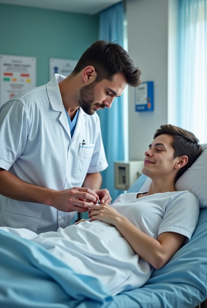 create an image where a specialist, without stethoscope, has the patient flex the patient's arm as in the attached image. The patient should be lying down