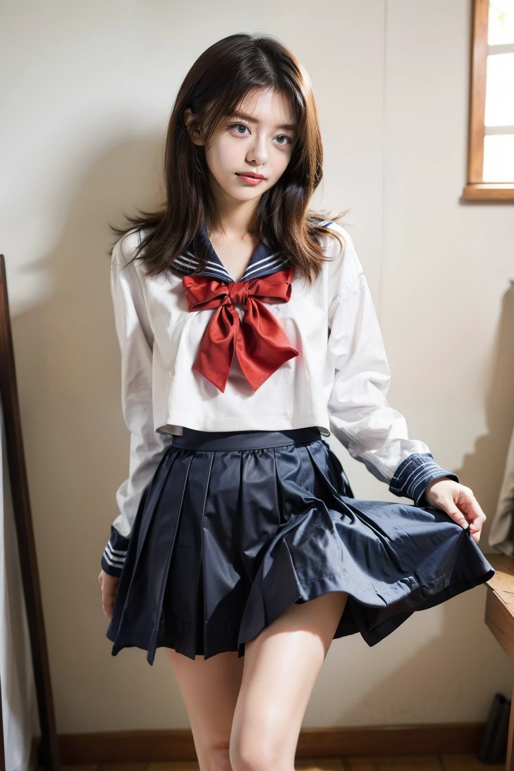 Beautiful girl in sailor suit、Do a high kick、Your pussy will be in full view、The dark blue skirt flips up