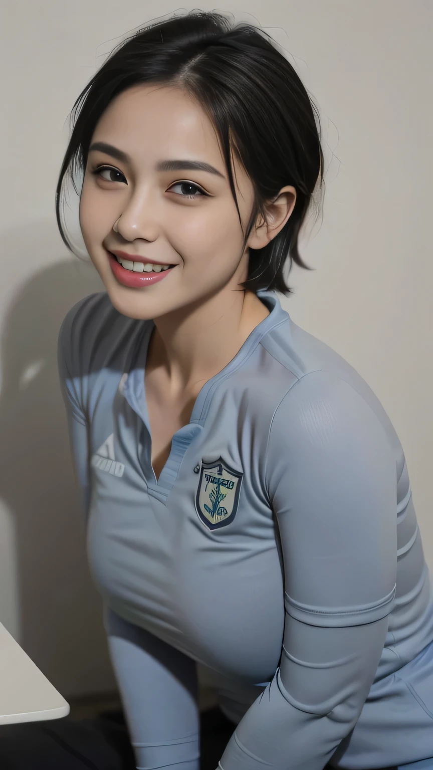 (grey background:1.5, close shot:1), (photorealistic:1.4), (best quality:1.0), (ultra highres:1.0), 8k, RAW photo, (masterpiece:0.2), 1girl, beautiful skin, detailed skin, big smile, teeth, (short hair:1), (soccer uniform:1.2), big cleavage