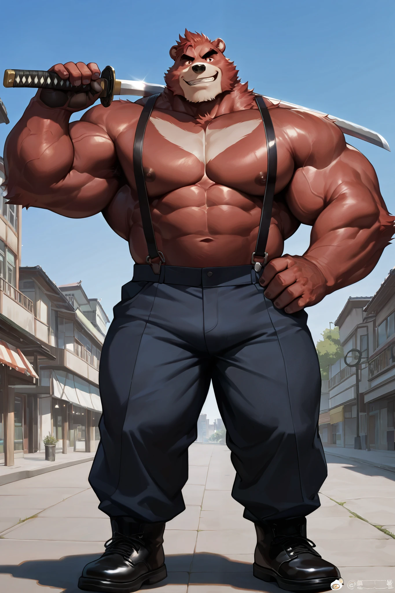 muscular old man in front house, old man, thick arm, huge arm, bearded. white hair and beard, bearded, muscular, pectoral, wide pectoral, realistic, 8k, masterpiece, (wearing shorts and white shirt:1.3, shoes), smile