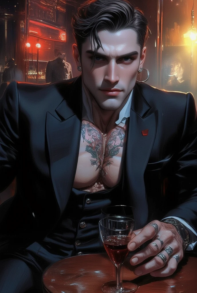 (masterpiece), (best quality), (detailed), (realistic),  group of adult male vampires talking to each other in a New York bar wearing leather jackets and leather pants, body tattoo, from the top:1.2