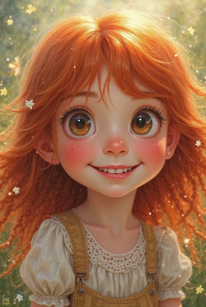 A girl, with curly hair with shades of red and a big, beautiful smile
