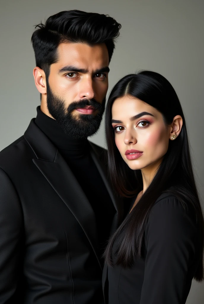 Couple both handsome and hugging she in front of him man with short black hair and beard strong body wearing Arab clothes (don't let him have Arab features) 
the woman (pretty face white skin blonde hair loose and wavy, plump mouth)