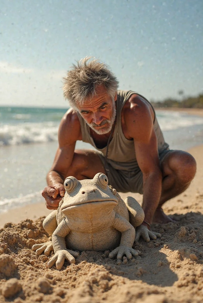Man protecting hatchling caretta carettas from seagulls attacking them