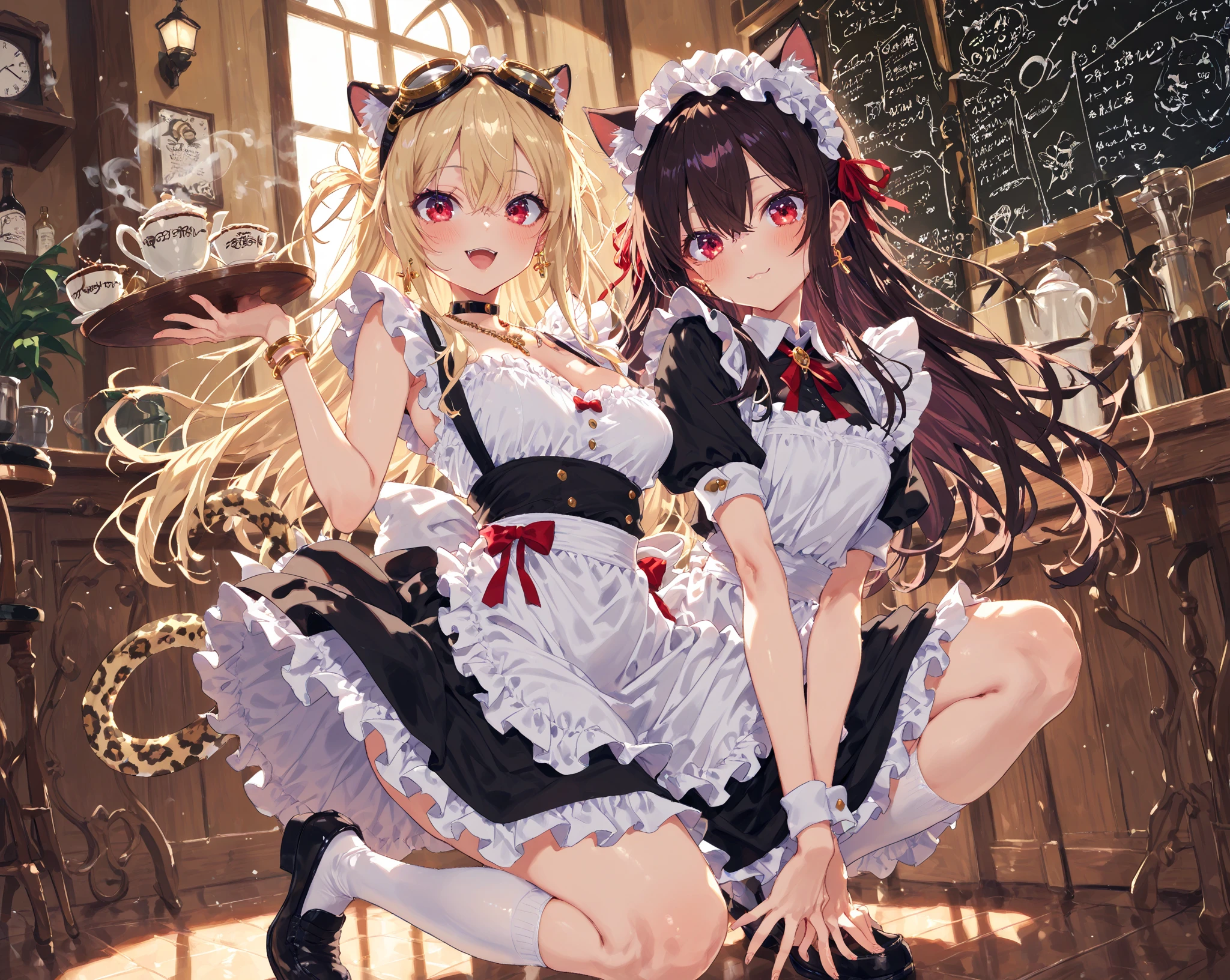 (Best quality),(Detailed), (2 girls),A girl wearing a JK uniform,Another girl wears a maid outfit,Girls in maid outfits have cat tails,Girls in maid outfits have cat ears on the top of their heads,The girl in the maid outfit has short hair,The girl in the JK uniform has long chest-length hair,white thighhighs,Medium breasts